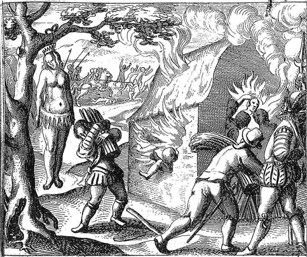 Antique engraving. Execution of the Indigenous ruler Anacaona. 17th century. Based on the book by Las Casas.
