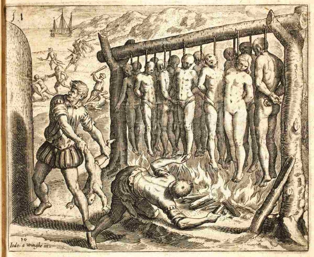 17th-century engraving. Brutal treatment of Indigenous people by Spanish conquistadors