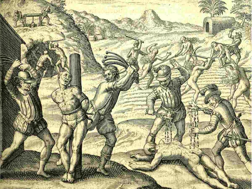 17th-century engraving. Cruelty of the Spanish conquistadors.