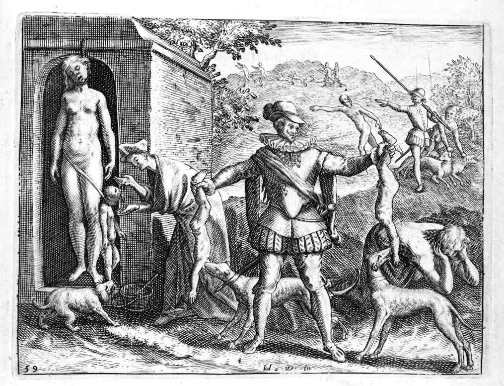 Antique 17th-century engraving. Illustration for a book by Bartolomé de Las Casas. Cruelty of the Spanish conquistadors