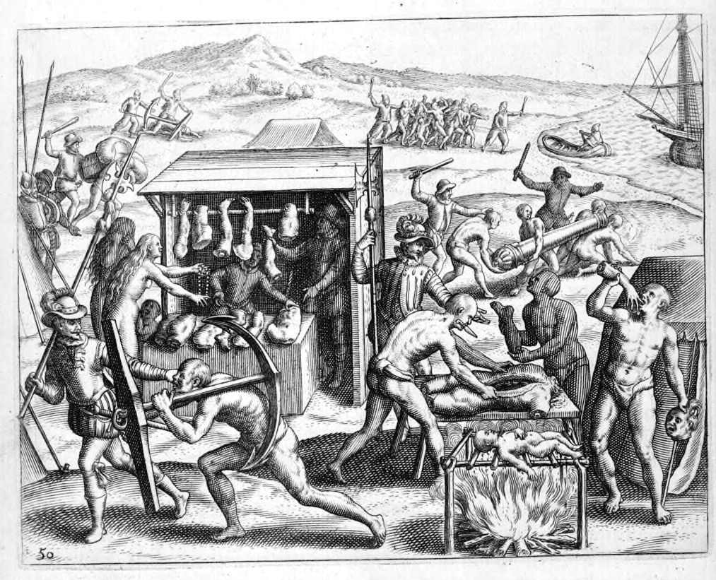 Illustration for a book by Bartolomé de Las Casas. Atrocities of the Spanish conquistadors.